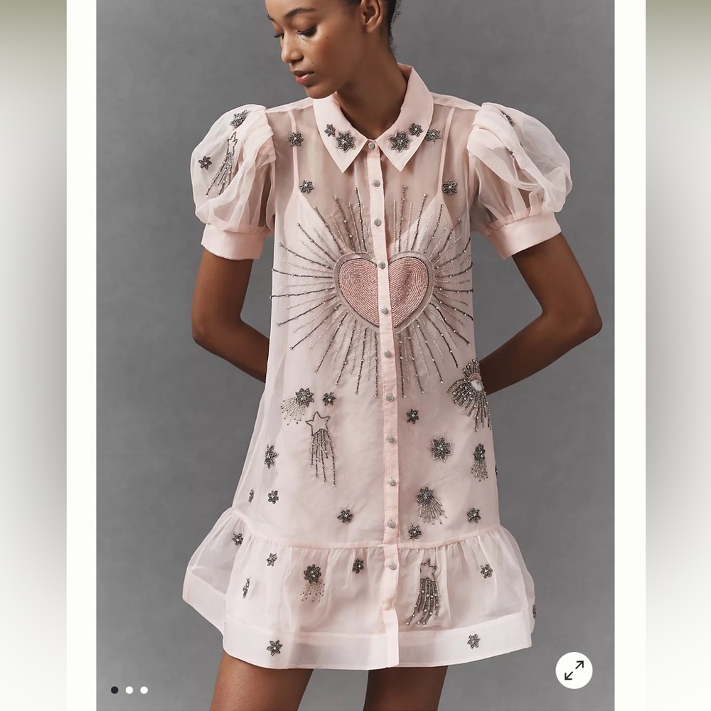 Maeve Short-Sleeve Embellished Mini Shirt Dress